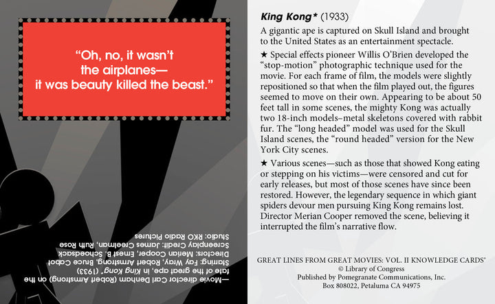 A knowledge card from "Great Lines Great Movies Vol 2" by Pomegranate for "King Kong" (1933) features a memorable line in large white text on a black background: "Oh, no, it wasn’t the airplanes—it was beauty killed the beast." The back of the card provides information about the film, production details, and notable scenes.