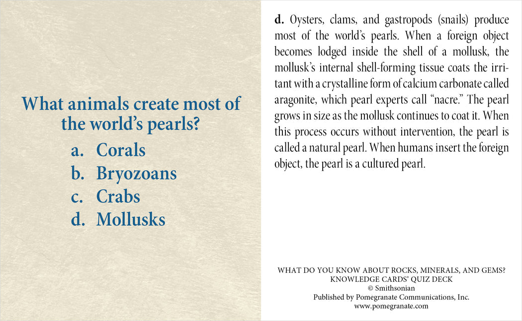 A knowledge card from the Rock Mineral and Gem Knowledge Cards by Pomegranate features information about pearls. On the left side, it asks, "What animals create most of the world’s pearls?" with multiple-choice options: a. Corals, b. Bryozoans, c. Crabs, d. Mollusks. The right side provides an explanation similar to mineral lore, detailing how mollusks form pearls when a foreign object becomes lodged in their shell.
