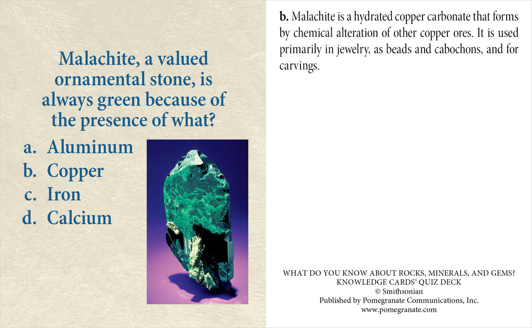 The "Rock Mineral and Gem Knowledge Cards" by Pomegranate feature a trivia card displaying a photograph of a green malachite mineral, enriched with fascinating mineral lore. The question posed on the card reads, "Malachite, a valued ornamental stone, is always green because of the presence of what?" with answer choices: a. Aluminum, b. Copper, c. Iron, d. Calcium. The correct answer (b. Copper) is provided on the back of the card.

