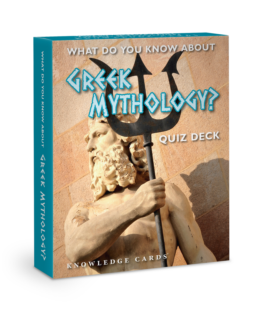 Box of "Greek Mythology Knowledge Deck" by Pomegranate, showcasing a striking image of a Poseidon statue holding a trident. The cover, with its stone-textured background, invites you to explore the fascinating realm of Greek gods and goddesses.