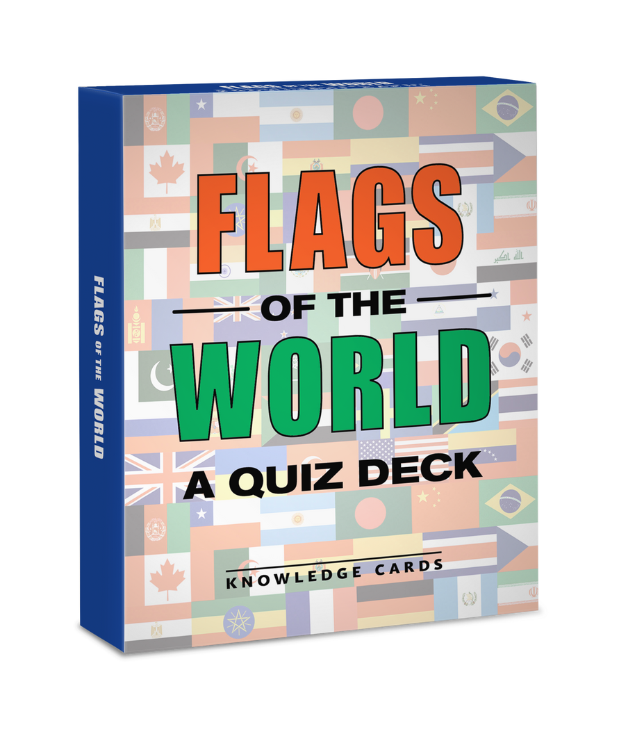 A pack of "Flags of the World Knowledge Deck" cards by Pomegranate. The front of the pack showcases the title in large, bold letters set against a vibrant backdrop featuring various national flags from around the globe. With blue edges, this informative and visually appealing quiz deck is perfect for learning about world flags.