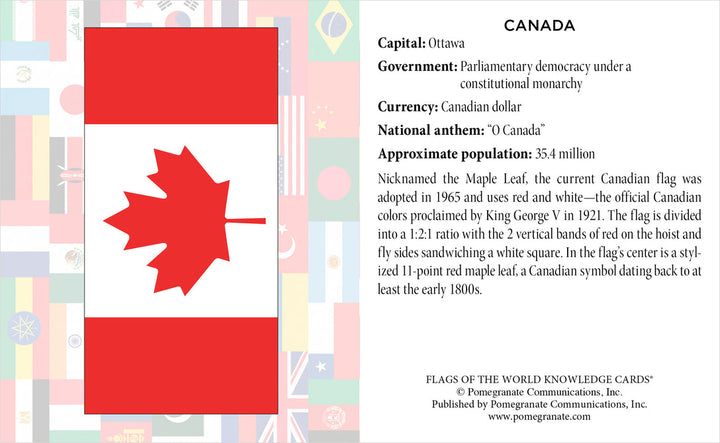 Capture the essence of the Canadian flag and essential facts about Canada with Pomegranate's Flags of the World Knowledge Deck. The card highlights a vibrant red field with a white square at its center showcasing a red maple leaf. Perfect for national flags trivia, this deck offers fascinating details on Canada's capital, government structure, currency, national anthem, and population.