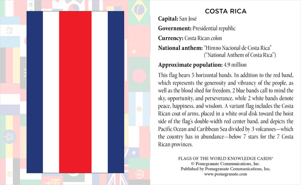 An image of a Costa Rica flag information card from the Flags of the World Knowledge Deck by Pomegranate. It showcases the red, white, and blue tricolor with the coat of arms and provides details about Costa Rica’s capital, government, currency, national anthem, and population—a perfect addition to any national flags trivia deck.