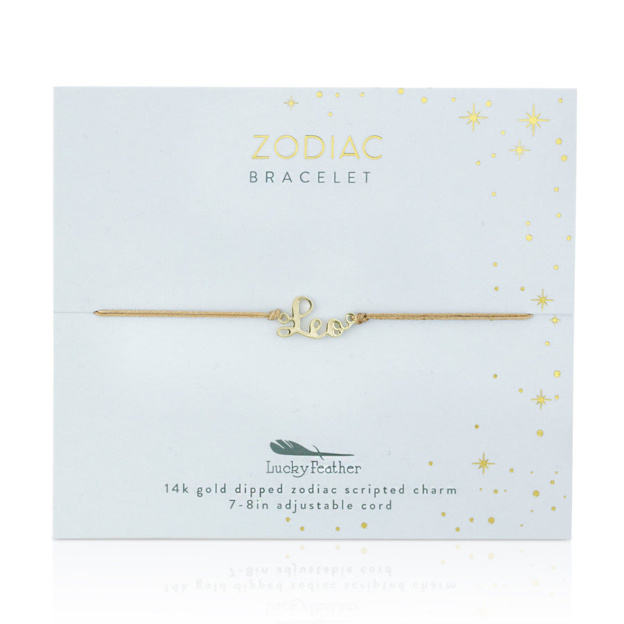 LuckyFeather's Zodiac Bracelet Leo features a minimalist design with a 14k gold-dipped "Leo" charm on an adjustable cord, elegantly presented as part of their zodiac bracelet collection.