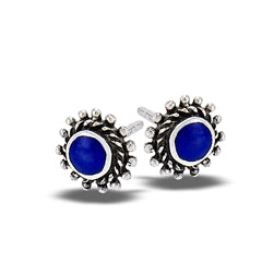 Lapis Round Bali Style Granulation Silver Stud