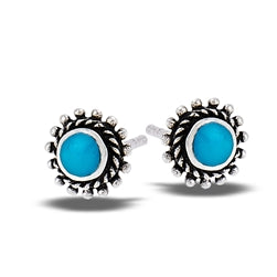 Turquois Round Bali Style Granulation Silver Stud