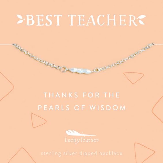 The Teacher Pearls of Wisdom necklace, crafted in sterling silver and adorned with small pearls, is beautifully showcased against an orange background. It features the phrases "BEST TEACHER" and "Thanks for the pearls of wisdom," expressing heartfelt appreciation. The brand name "LuckyFeather" is elegantly displayed at the bottom.