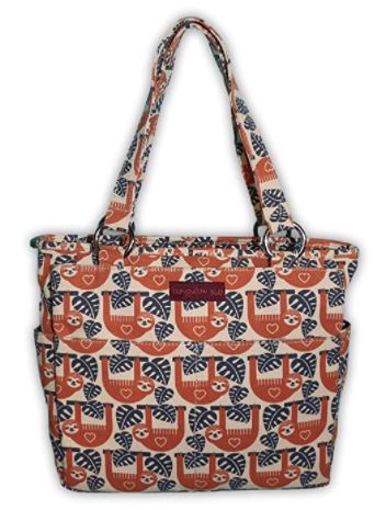 The Bungalow 360 Pocket Bag Sloth is a stylish vegan tote featuring an orange and black geometric cat pattern. It boasts sturdy double handles, a signature peace sign zipper-pull, and a small front label, all set against a whimsical beige background.