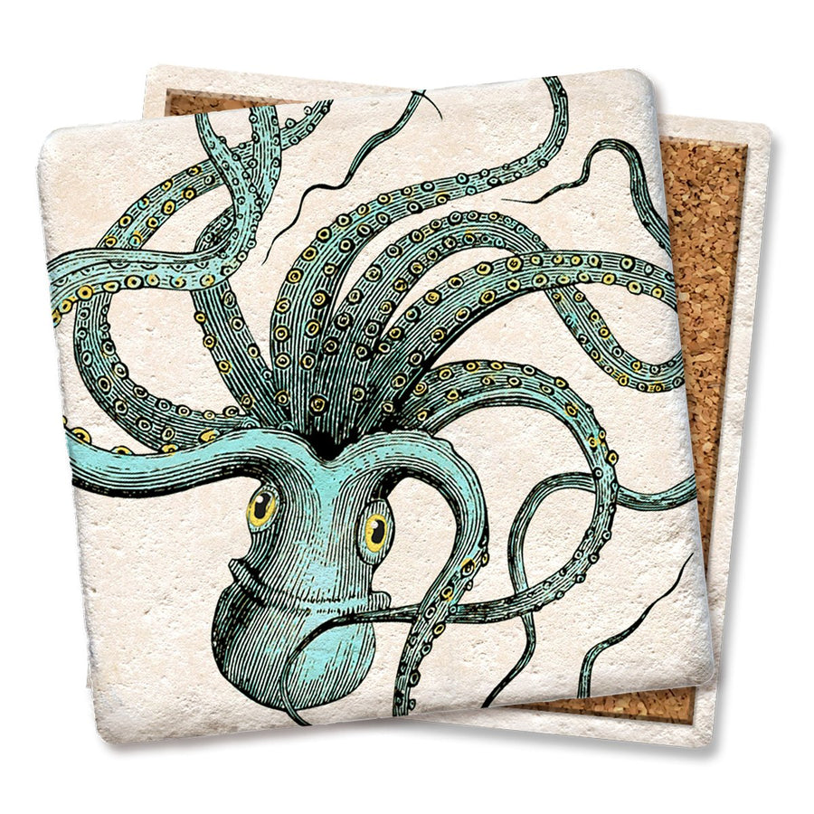 The Tipsy Coaster features an Octopus Coaster design with an intricate, octopus illustration on a square, off-white, cork-backed base. Blue-green tentacles with yellow rings and prominent eyes on a textured backdrop make it the perfect artistic touch to prevent drink stains.