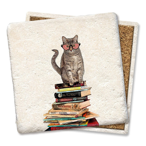 Cat Sitting on Books Coaster