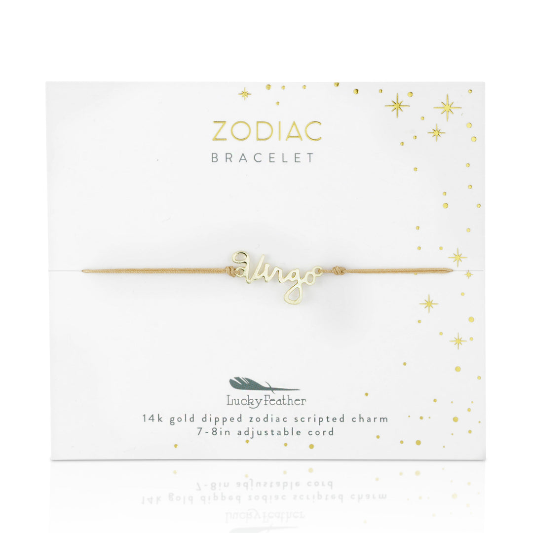 The LuckyFeather Zodiac Bracelet Virgo features a 14k gold-dipped charm on an adjustable cord. Displayed on a white card with gold stars, it’s titled "ZODIAC BRACELET" at the top, blending elegance with astrological charm.
