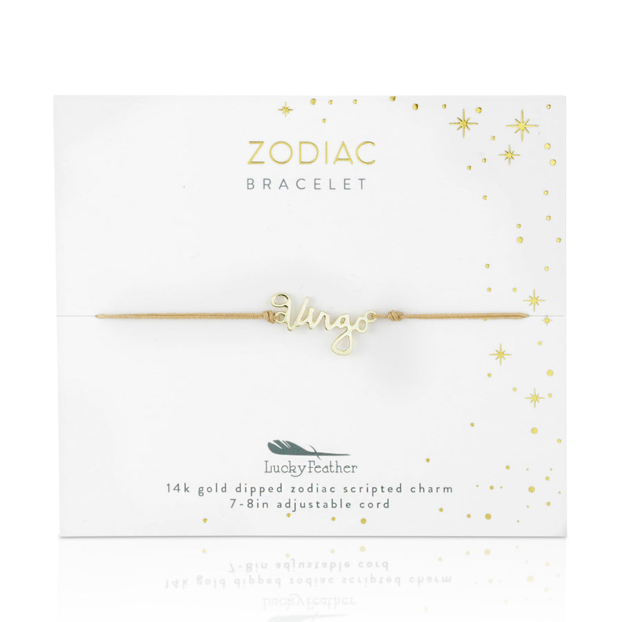 The LuckyFeather Zodiac Bracelet Virgo features a 14k gold-dipped charm on an adjustable cord. Displayed on a white card with gold stars, it’s titled "ZODIAC BRACELET" at the top, blending elegance with astrological charm.