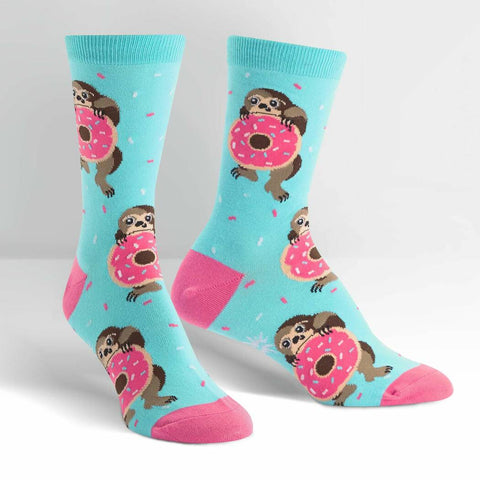 Snacking Sloth Blue and Pink Womens Crew