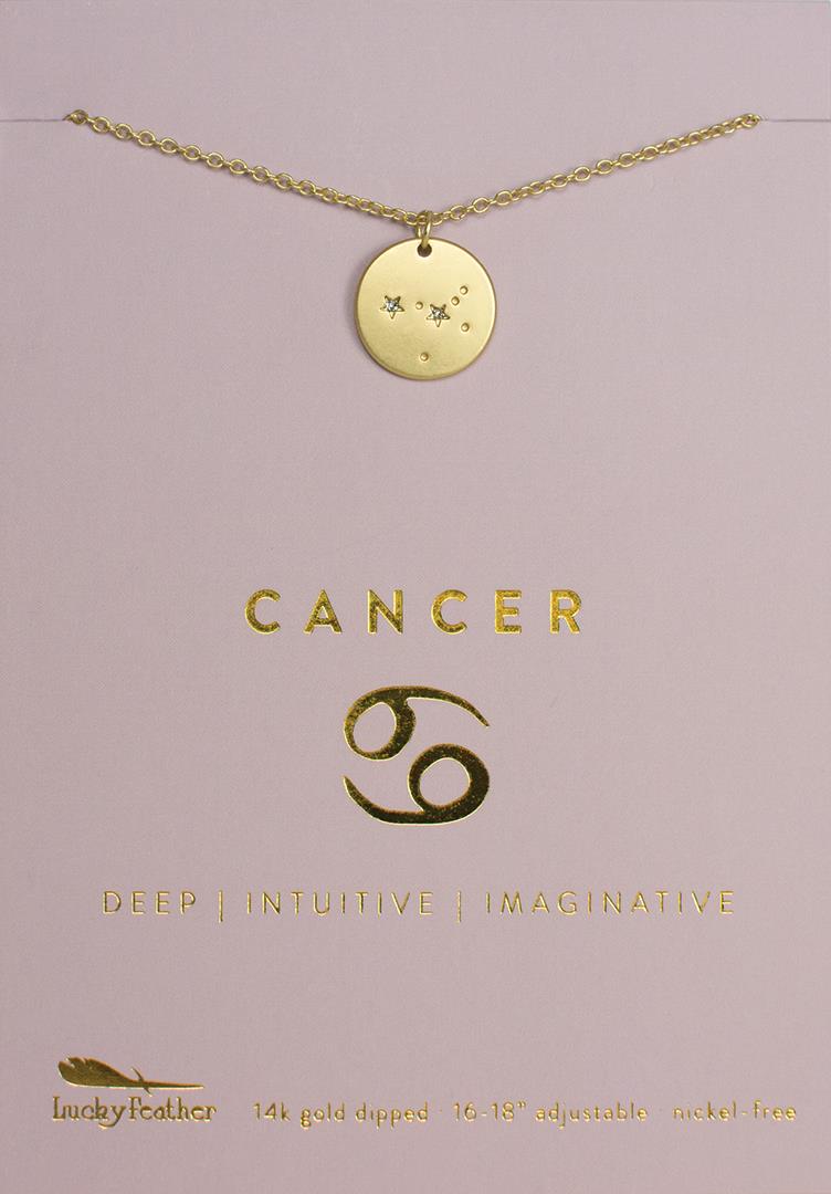 The Zodiac Necklace Cancer by LuckyFeather showcases a round pendant embellished with star and crescent moon motifs. It is presented on a card titled "Cancer" and includes the words "Deep | Intuitive | Imaginative" along with the zodiac symbol. This piece, dipped in 14k gold and nickel-free, exemplifies exquisite Zodiac Jewelry.