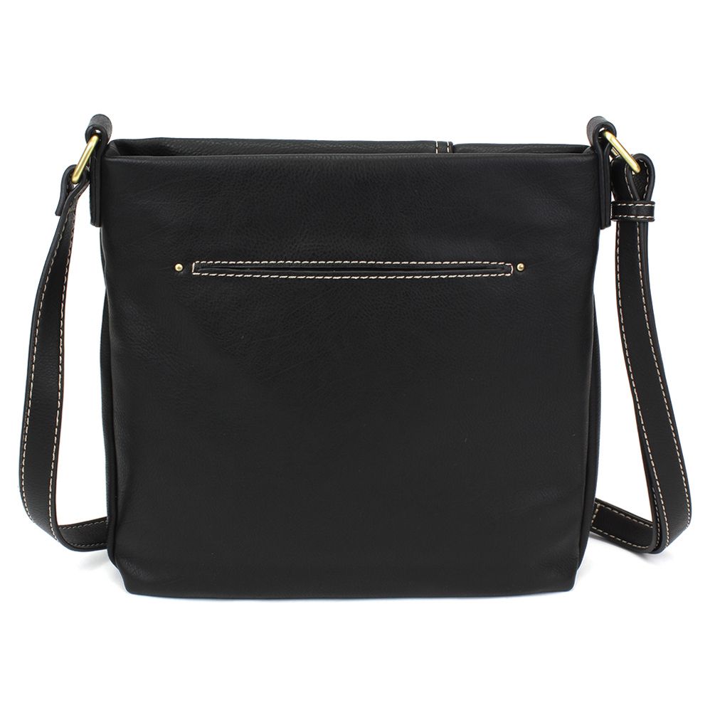 The Chala Lasercut Crossbody DF in Black is a faux leather shoulder bag with adjustable straps and decorative stitching on the front. It features a small exterior zipper pocket, gold-toned hardware on the strap attachments, and a stylish laser-cut pattern that adds a touch of elegance.