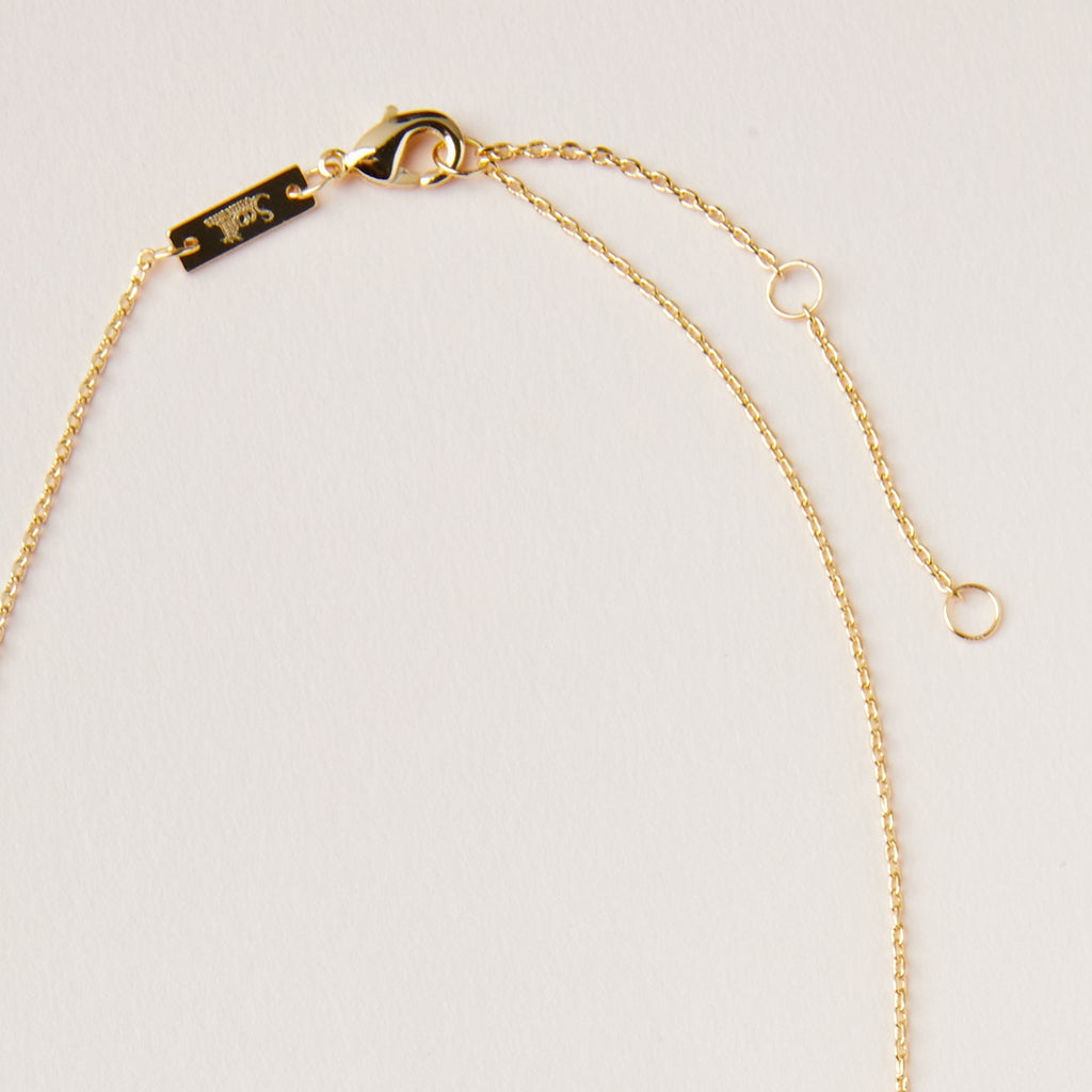 A close-up of the Scout Jewelry Intention Neck Labradorite/Gold necklace features a delicate gold chain with a lobster clasp and adjustable brass extender, all set against a plain light background, highlighting its simplicity and elegance.