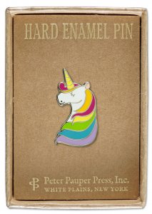 A hard enamel pin called "Unicorn Pin" by PeterPauperP showcases a unicorn with a rainbow mane, elegantly displayed on a cardboard backing within a gift box. The text reads "Hard Enamel Pin" and states the brand as PeterPauperP.